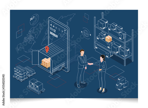 3D isometric Logistics and Delivery services concept with People delivering a box to a customer at home or office. Smart Logistics Business, Export and Import. Vector illustration eps10