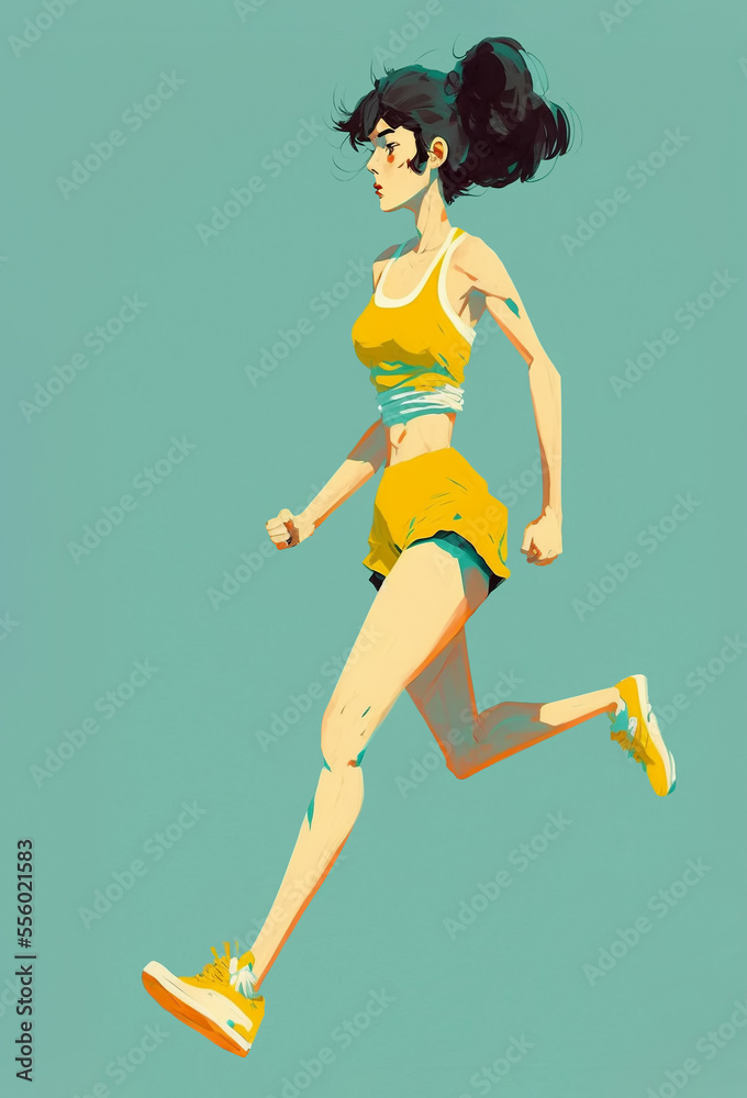 Young woman run, isolated on turquoise coloured background, cartoon illustration created with Generative AI technology