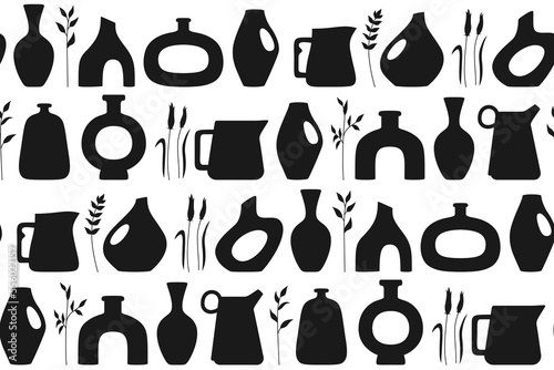 Vase shape and ceramic pot seamless pattern. Jug or jar bottles silhouette boundless ornament. Cozy home decor handmade boho pottery form. Antique various vases, vessel endless print scrapbook vector