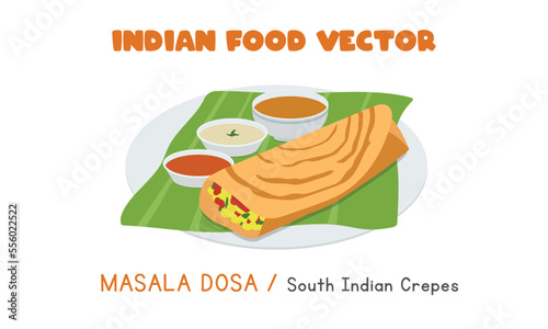 Indian Masala Dosa - South Indian Crepes flat vector illustration isolated on white background. Masala Dosa clipart cartoon style. Asian food. Indian cuisine. Indian food