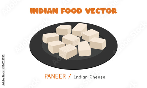 Indian Paneer - Indian cheese flat vector illustration isolated on white background. Paneer on plate clipart cartoon. Asian food. Indian cuisine. Indian food
