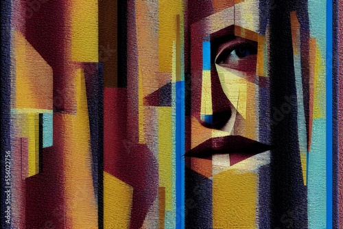 Fotografie, Obraz Abstract cubist portrait faces as texture. - Generative AI
