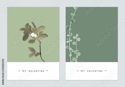 Minimalist botanical valentine greeting card template design, Lignum vitae and Siamese rough bush