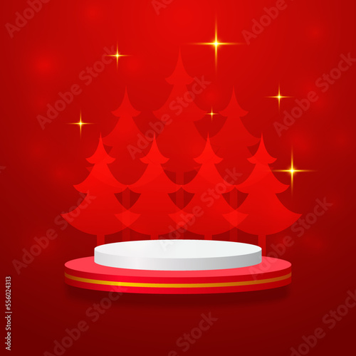 merry christmas with 3d podium and tree star vector Illustration