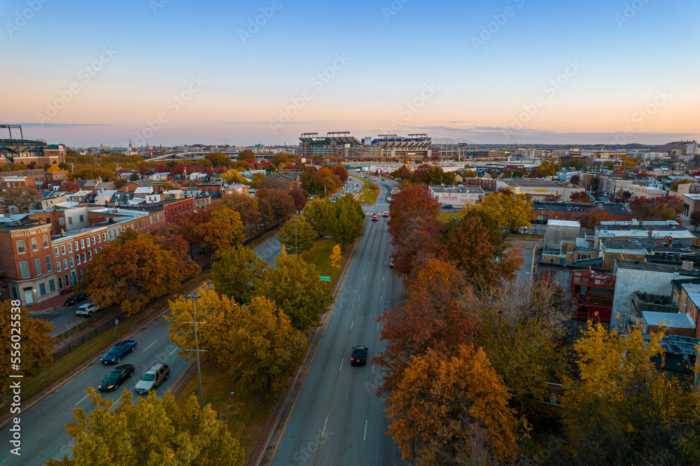 Aerial Drone View of Fall Trees with Ravens Stadium in the Distance