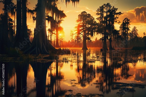 Sunset on the swamp bayou, generative ai Fototapet
