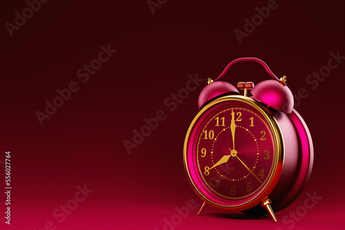 3d Illustration of a  magenta  alarm clock double bells in on a magenta  background. Conceptual image of an alarm clock, rendered 3d photo