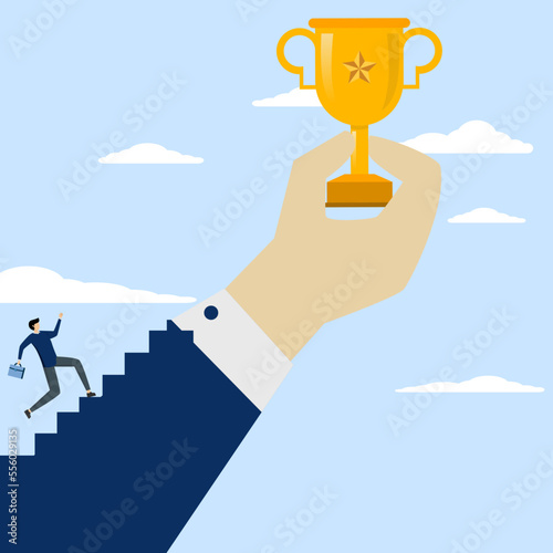 The businessmen ran as hard as they could to win the trophy in the hands of the giants. Motivation to achieve goals, efforts to achieve targets, concept of motivating employees to succeed at work.