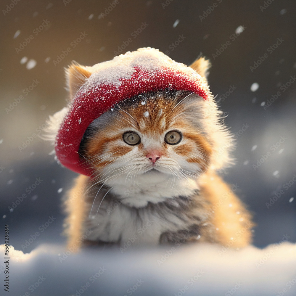A portrait of a little cat with a Christmas hat on outside in the snow created with generative AI technology. A portrait of a little cat with a Christmas hat on outside in the snow created with generative AI technology.