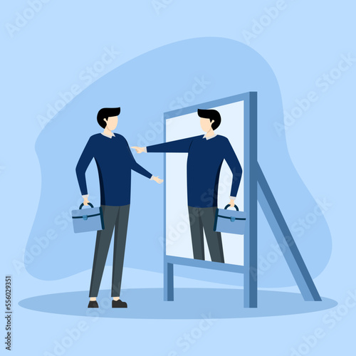 businessman looking at mirror with his reflection increases his confidence. Self esteem or self care, value strong attitude concept, believe in yourself increase self confidence.