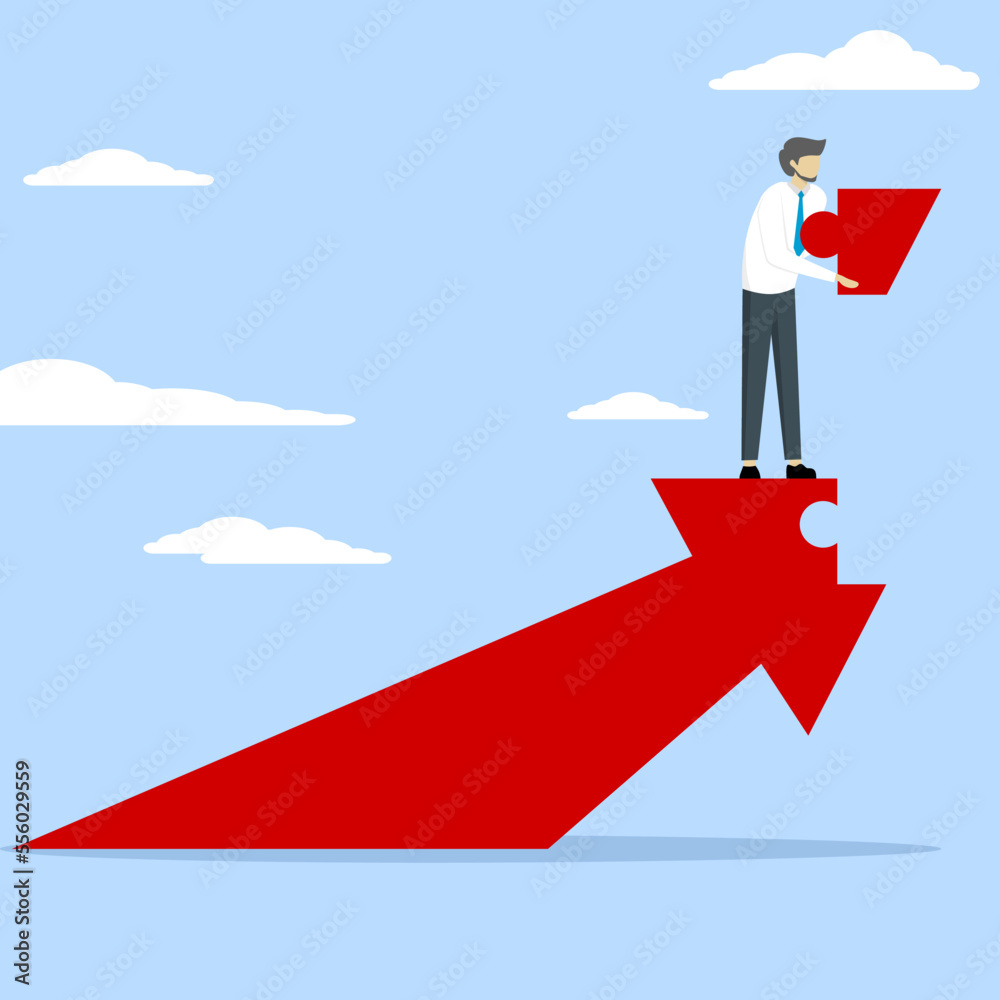 smart businessman putting last piece of jigsaw puzzle to solve growth arrow metaphor, Growth strategy concept, solution or growing business concept, solving problem for success in work. smart businessman putting last piece of jigsaw puzzle to solve growth arrow metaphor, Growth strategy concept, solution or growing business concept, solving problem for success in work.