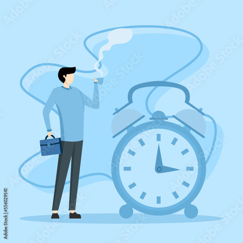 businessman relaxing with a cup of coffee or tea with alarm clock, Time off concept, free from boredom, sleepy and tired concept, coffee break time to relax and refresh from long intervals of stress.