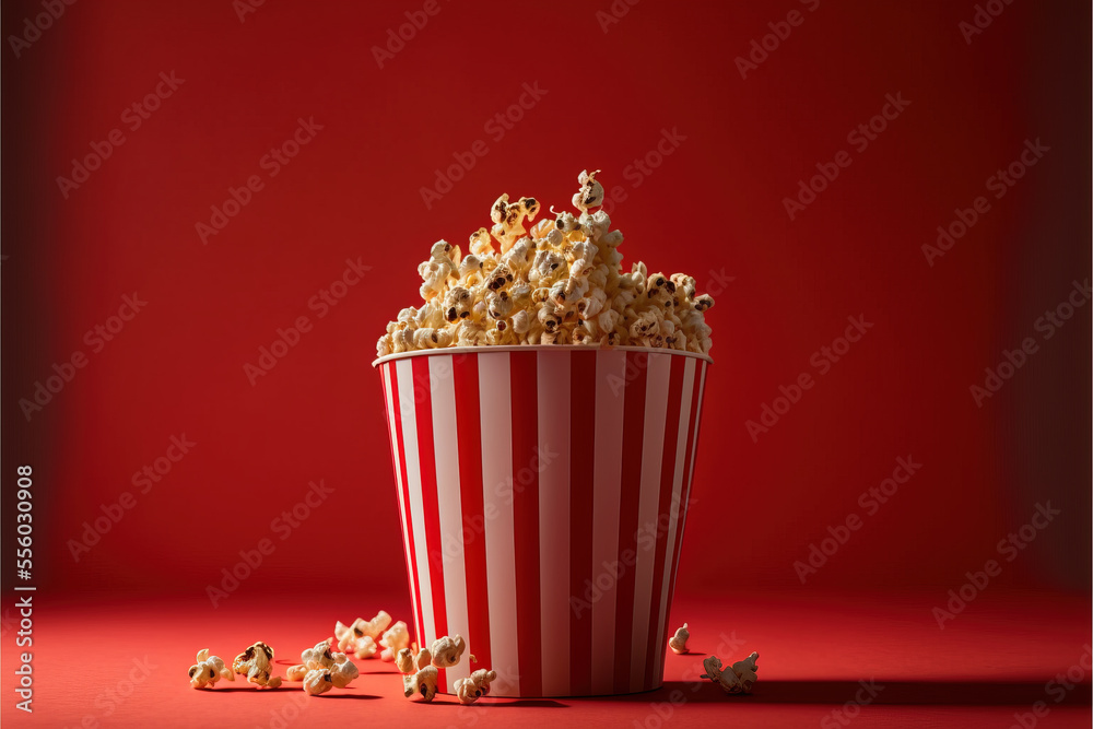 A movie popcorn bucket on a red background for entertainment.