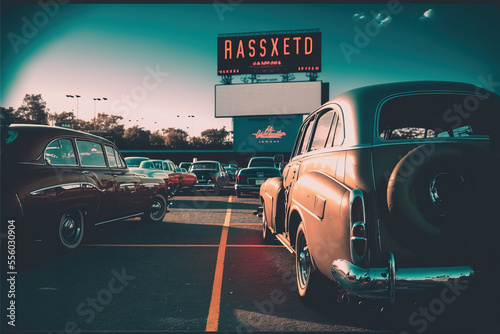 Outdoor drive-in cinema with cars in parking lot.