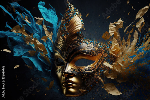 Tornado formed of abstract gold with black and blue glow for carnival party. © Giovanna