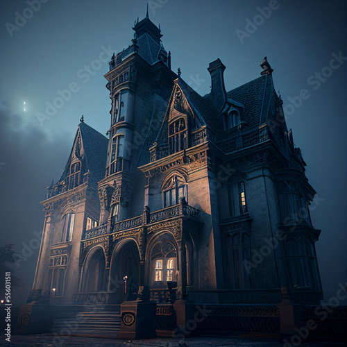 Low-angle shot of a victorian gothic mansion created with generative AI technology 