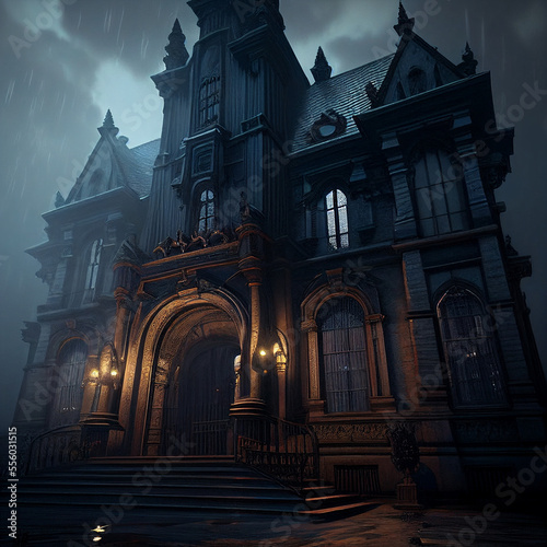 Low-angle shot of a victorian gothic mansion created with generative AI technology 