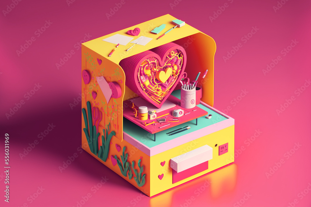 Layered Paper Cut style Illustration of Brightly Colored miniature