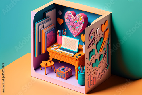 Layered Paper Cut style Illustration of Brightly Colored miniature diorama of a valentines themed office photo