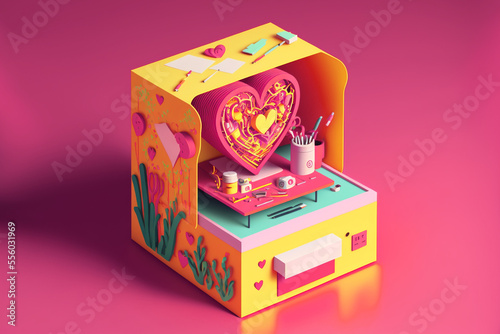 Layered Paper Cut style Illustration of Brightly Colored miniature diorama of a valentines themed office