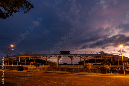 Hernan Ramirez Villegas stadium in the city of Pereira, sunset in the surroundings of the soccer field