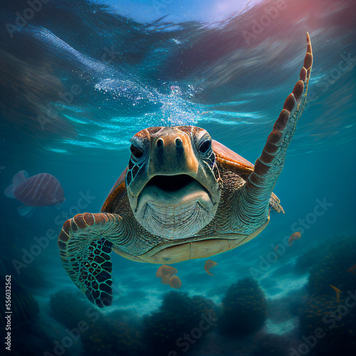 A depiction of a sea turtle swimming joyfully beneath the surface of the water created with generative AI technology 