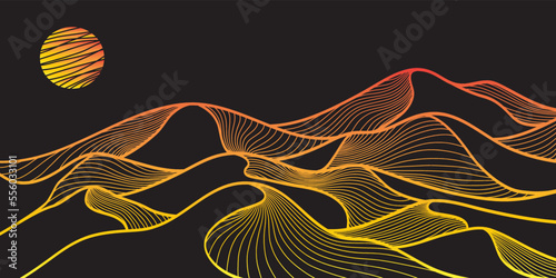 Golden mountain wallpaper design, desert with landscape art, luxury gold background design for covers, black backgrounds, packaging design, wall art, fabrics and prints. Vector illustration.