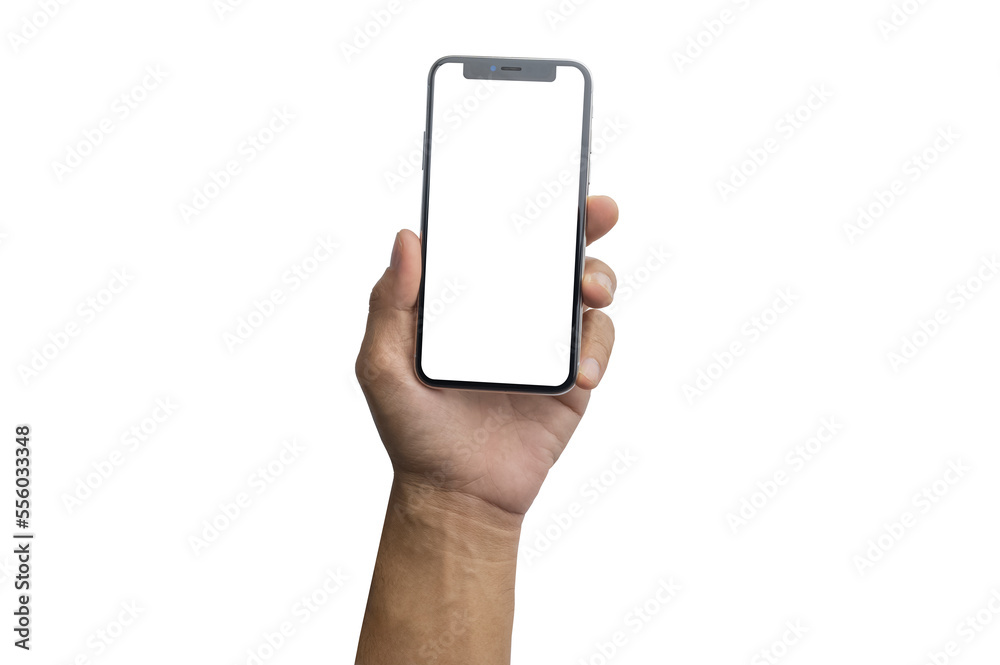Close up hand holding showing blank empty screen of her smart telephone isolated white color backdrop
