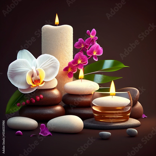 A table topped with candles, rocks and flowers that you might find at a spa, a still life created with generative AI technology