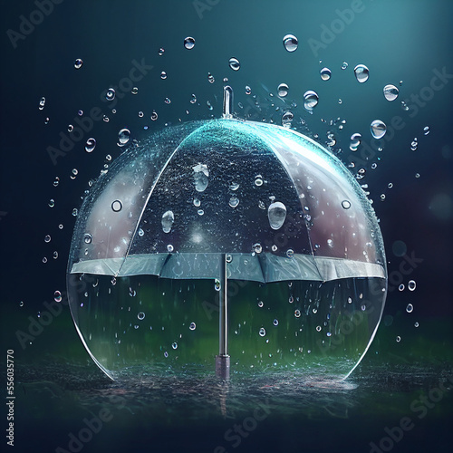 Transparent umbrella under rain created with generative AI technology