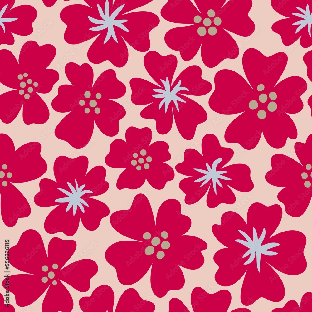 Hand drawn seamless pattern with red viva magenta colors 2023 flowers on beige background. Floral bloom blossom retro vintage fabric print, bright bold botanical tropical background.