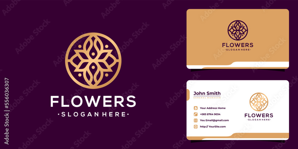 Naklejka premium Flowers monoline luxury logo design and business card