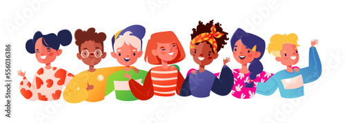 Flat cartoon style vector illustration with joyful, laughing children. Concept of friendship from childhood, happy childhood. Joyful little children of different races smiling and waving hands