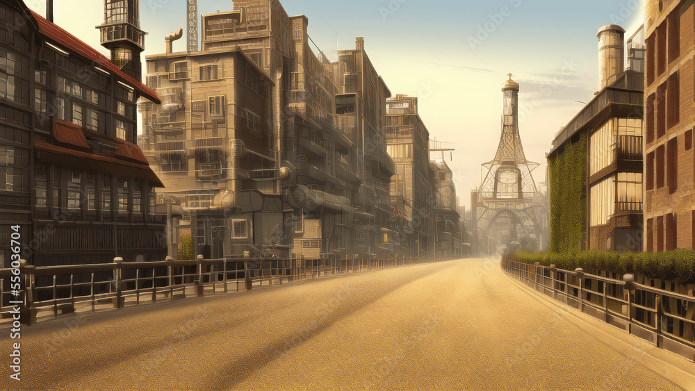 Obraz premium アニメ調のスチームパンク系背景イラスト(AI generated image)