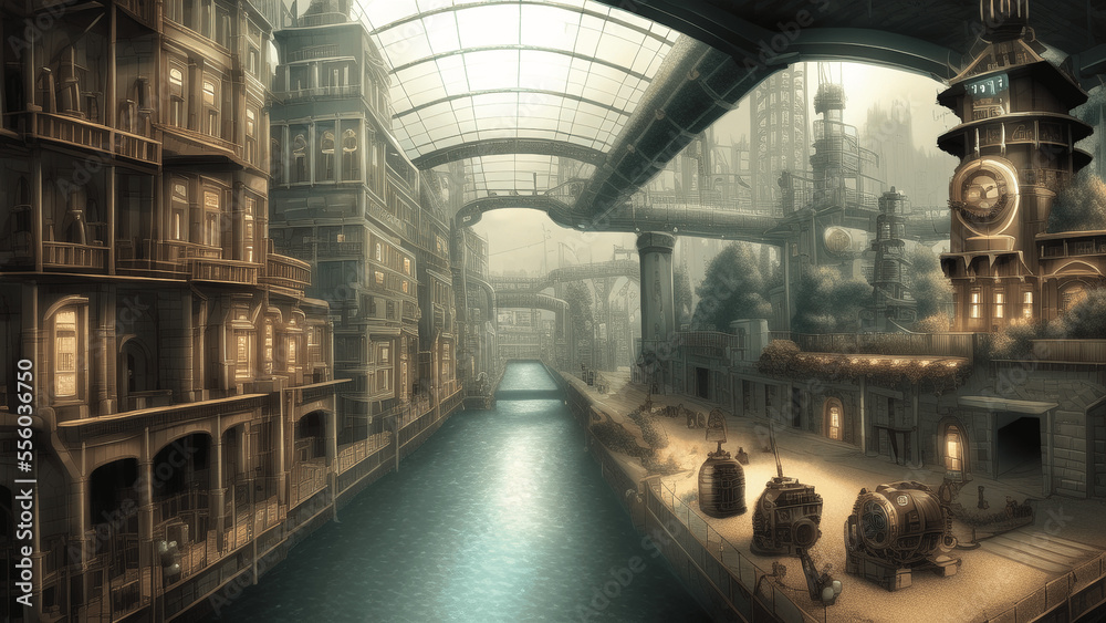 Fototapeta premium アニメ調のスチームパンク系背景イラスト(AI generated image)