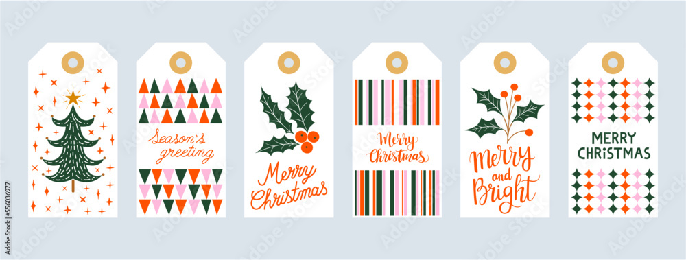 Set christmas gift tags set with hand drawn doodles leafs and lettering. Vector hand drawn illustration	