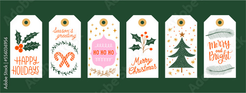 Set christmas gift tags set with hand drawn doodles leafs and lettering. Vector hand drawn illustration	
