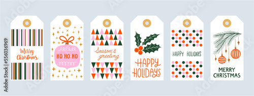 Set christmas gift tags set with hand drawn doodles leafs and lettering. Vector hand drawn illustration	