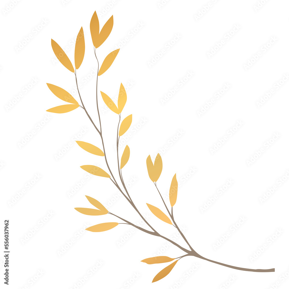 Gold Chinese dry leaves with elements for holidays design on PNG transparent background , Vector illustration 09