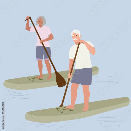 Older people on paddle surfing vector illustration