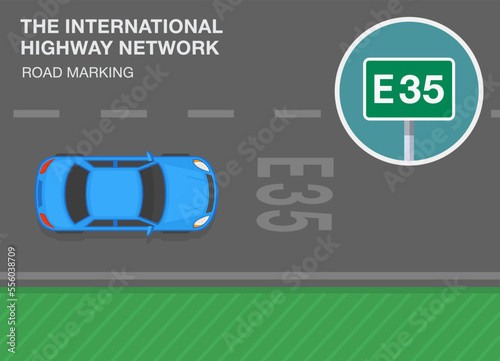 Safe driving tips and traffic regulation rules. "The international highway network" road marking. Top view. Flat vector illustration template.