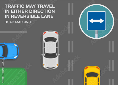 Safe driving tips and traffic regulation rules. "Reversible lane" road marking means traffic may travel in either direction. Top view. Flat vector illustration template.