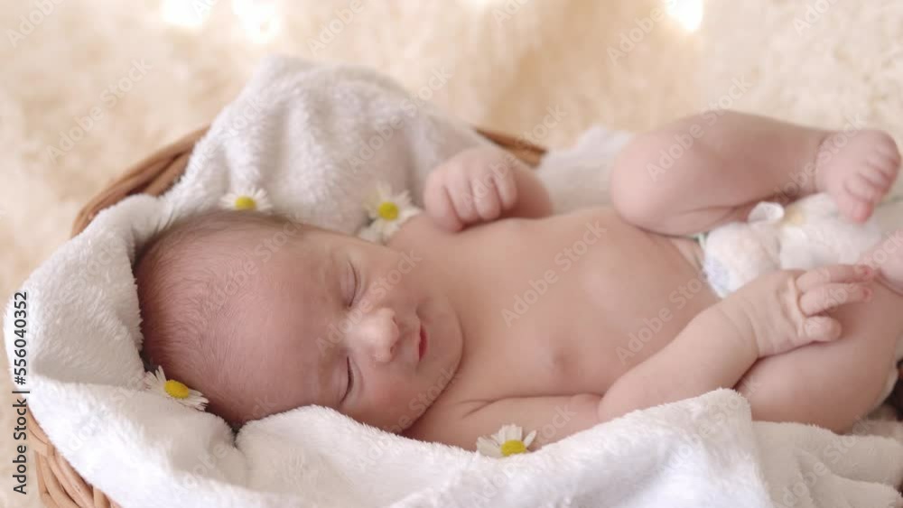 newborn baby lying in a cozy baby basket. newborn baby lying in a cozy baby basket.
