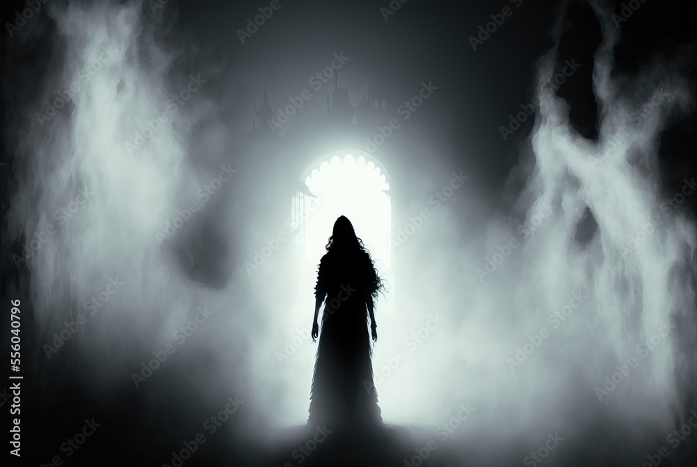 Haunted apparition in a dress with long hair in dense white midnight fog - creepy ghost form of female silhouette.