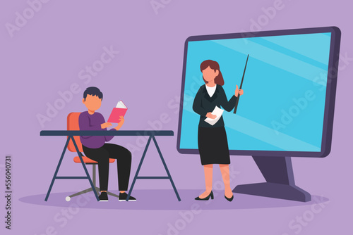 Character flat drawing young female teacher standing in front of monitor screen holding book and teaching male junior high school student sitting on chair near desk. Cartoon design vector illustration