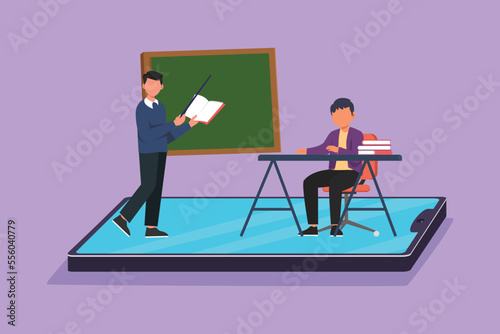 Character flat drawing male teacher teaching smart boy junior high school student who sitting on chair near desk and study on smartphone screen. E-learning metaphor. Cartoon design vector illustration