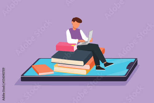 Character flat drawing young smart male college student sitting on pile of book while typing on laptop on smartphone screen. Online digital learn education concept. Cartoon design vector illustration