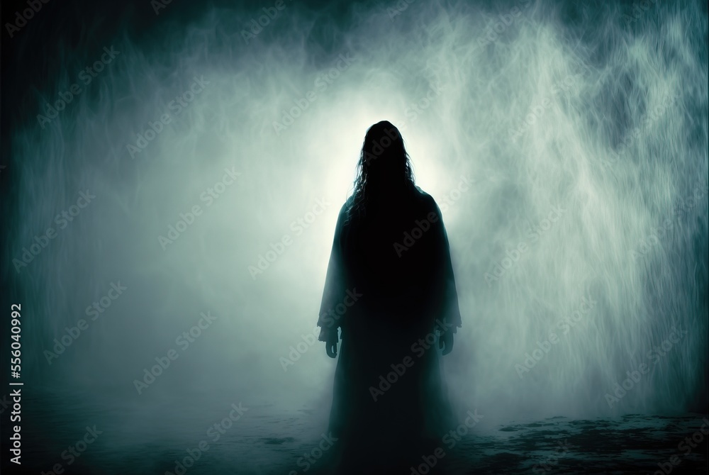 Haunted apparition in a dress with long hair in dense white midnight fog - creepy ghost form of female silhouette.