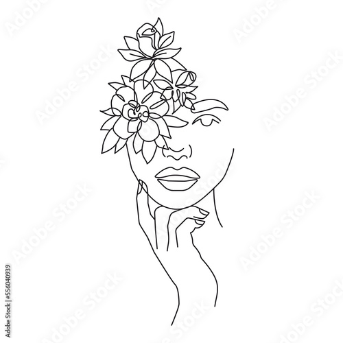 Woman Head with Flowers Line Art Vector Drawing. Style Template with Female Face with Flowers. Modern Minimalist Simple Linear Style. Beauty Fashion Design 