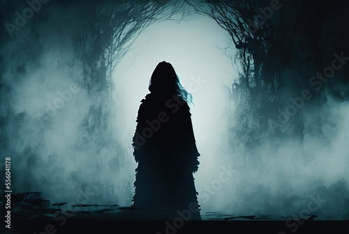 Haunted apparition in a dress with long hair in dense white midnight fog - creepy ghost form of female silhouette.